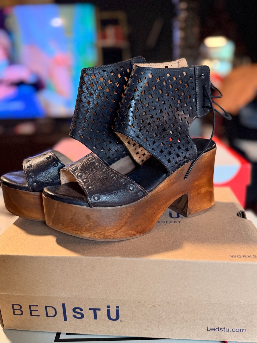 BED|STU MALI Black Leather Perforated Platform Sandals with Wooden Heel